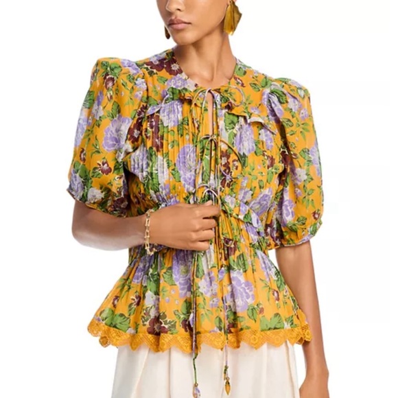 FARM Rio Tops - Farm Rio Capri Peplum Hem Floral Blouse Yellow & Purple size Large